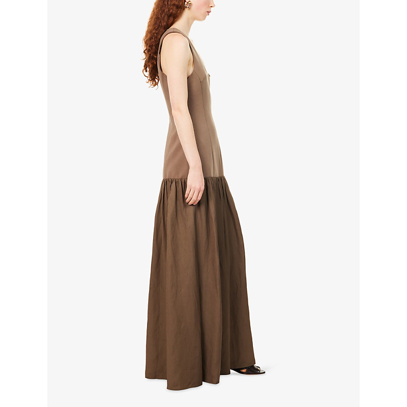 Womens Dropped Waist Cotton and Linen-Blend Maxi Dress