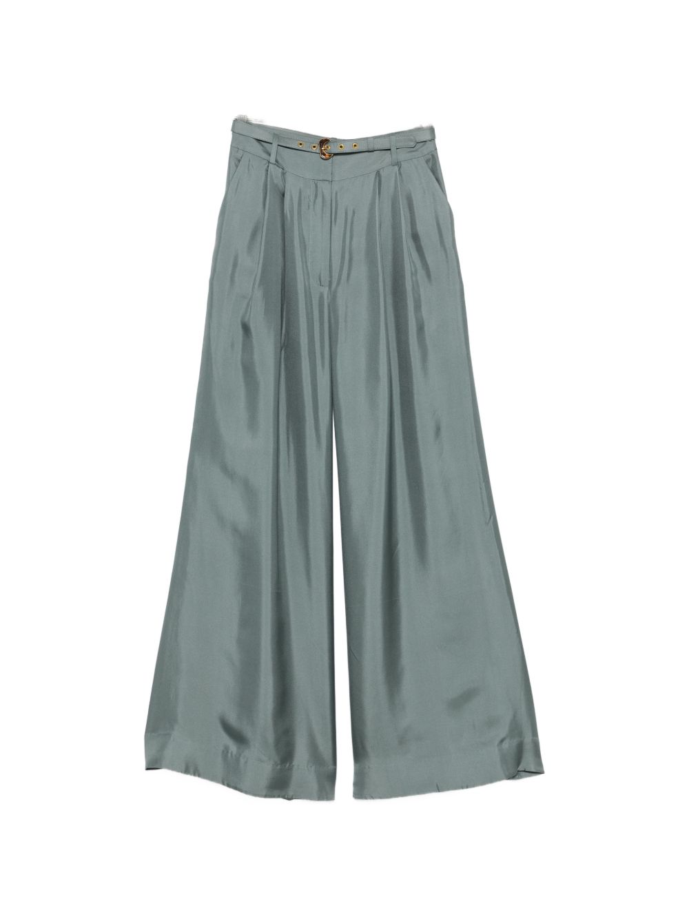 Pleated Wide-Leg Silk Trousers — Sage