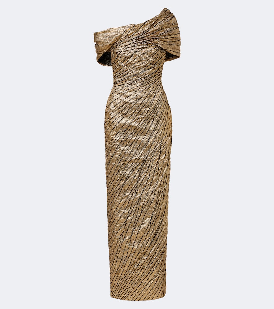 Striped asymmetric brocade bustier gown