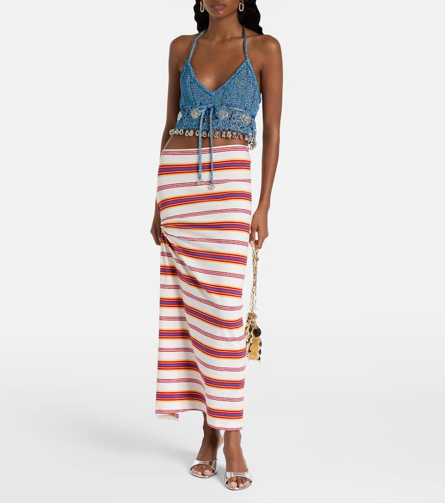 Gathered striped cotton-blend maxi skirt