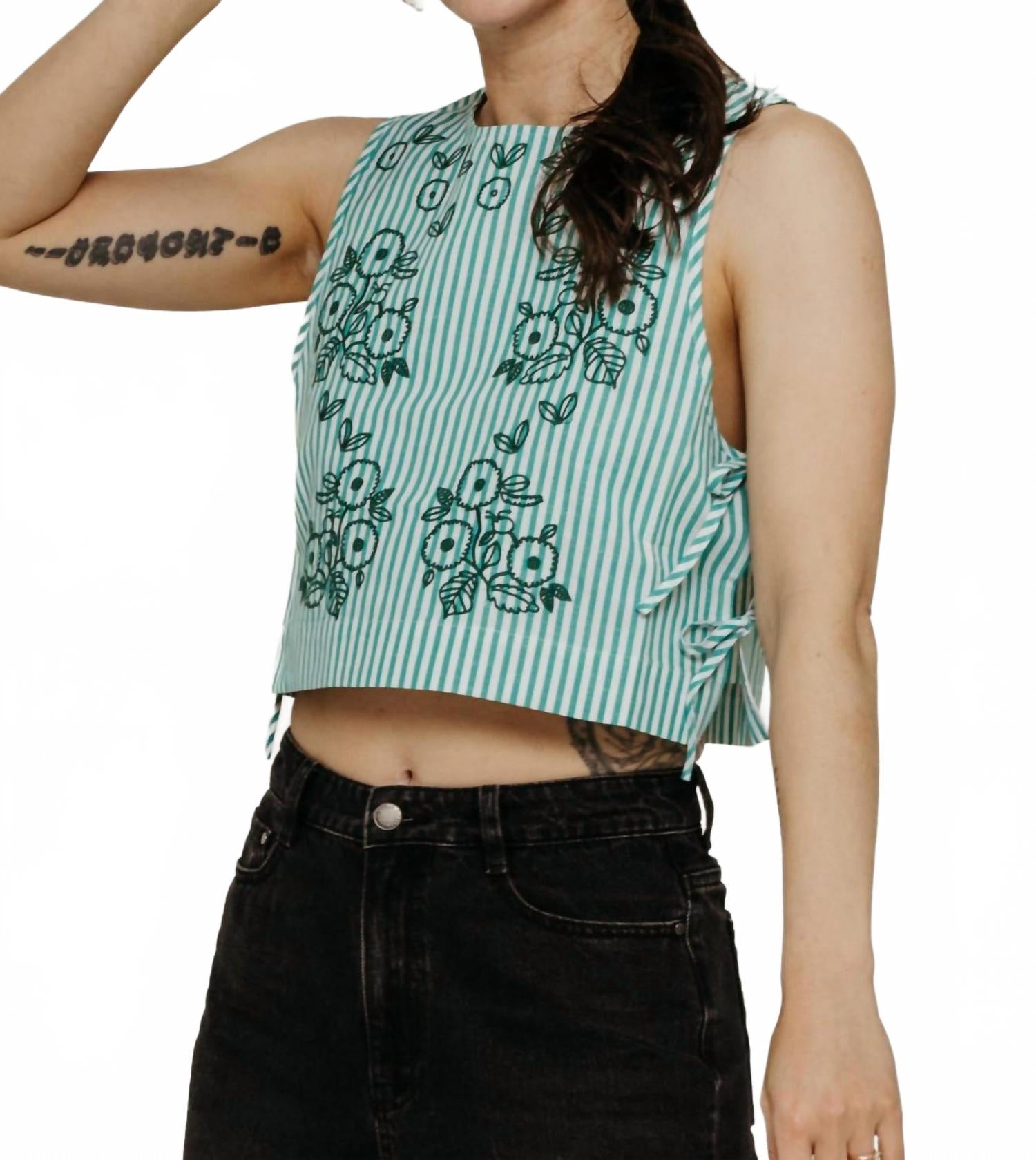 Striped Embroidered Top In Off-White/emerald