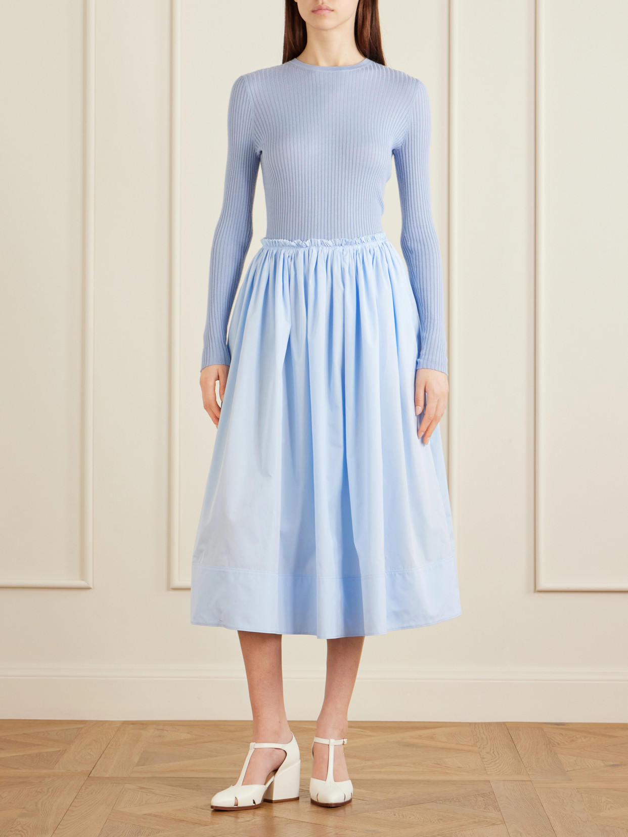 Shiva Gathered Cotton-poplin Maxi Skirt - Sky blue