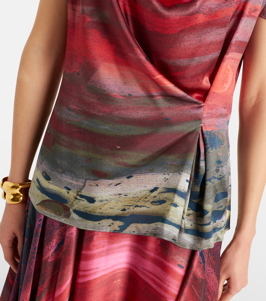 Printed draped silk satin top
