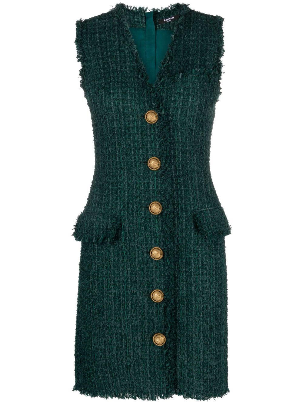 V-neck buttoned tweed minidress - White
