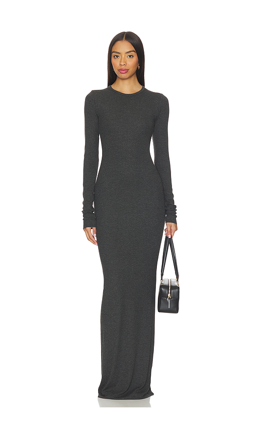 Eterne Long Sleeve Crewneck Butter Rib Maxi Dress in Heather Charcoal - Charcoal. XS also in L, M