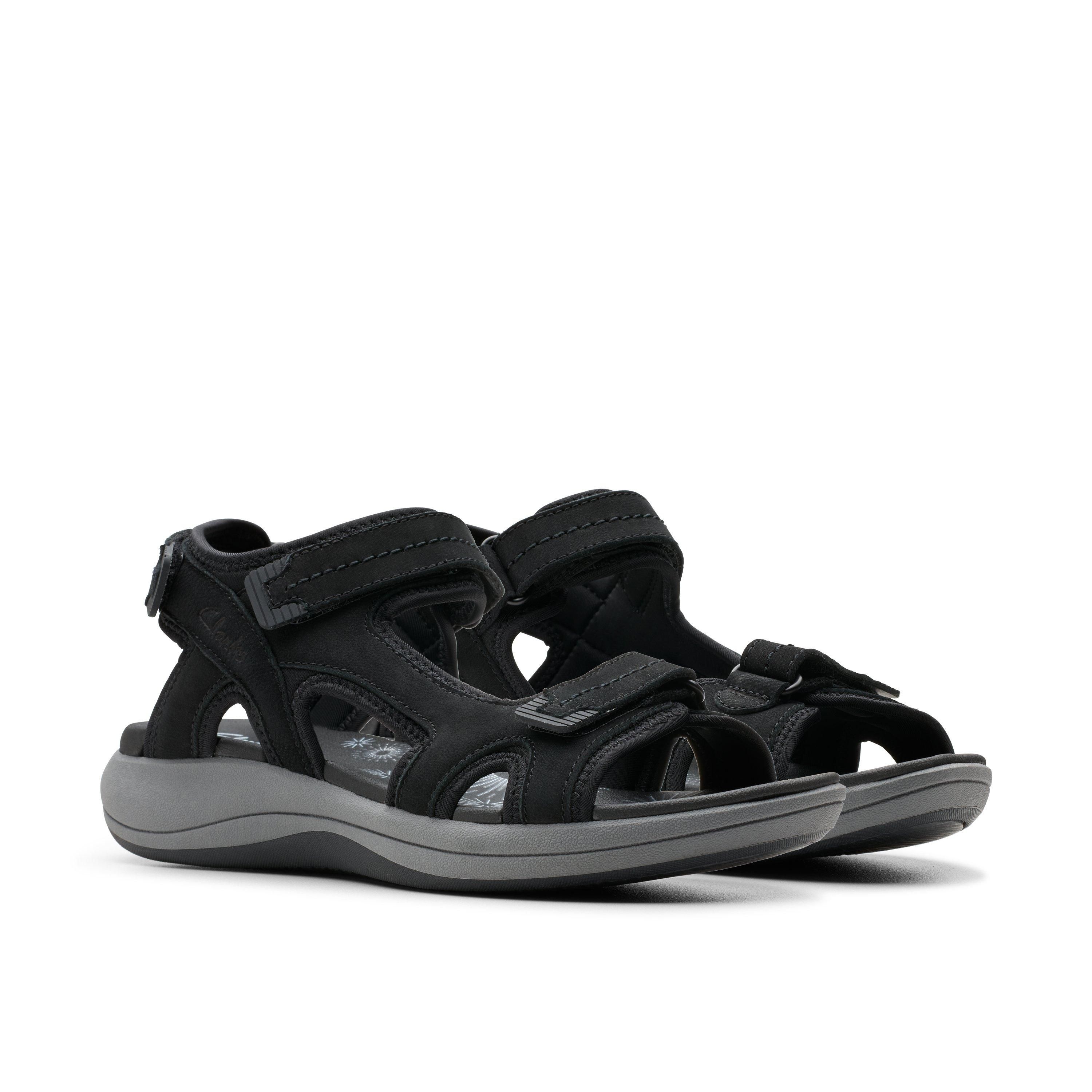 Clarks Mira Free Black Nubuck Flat Sandals,walking