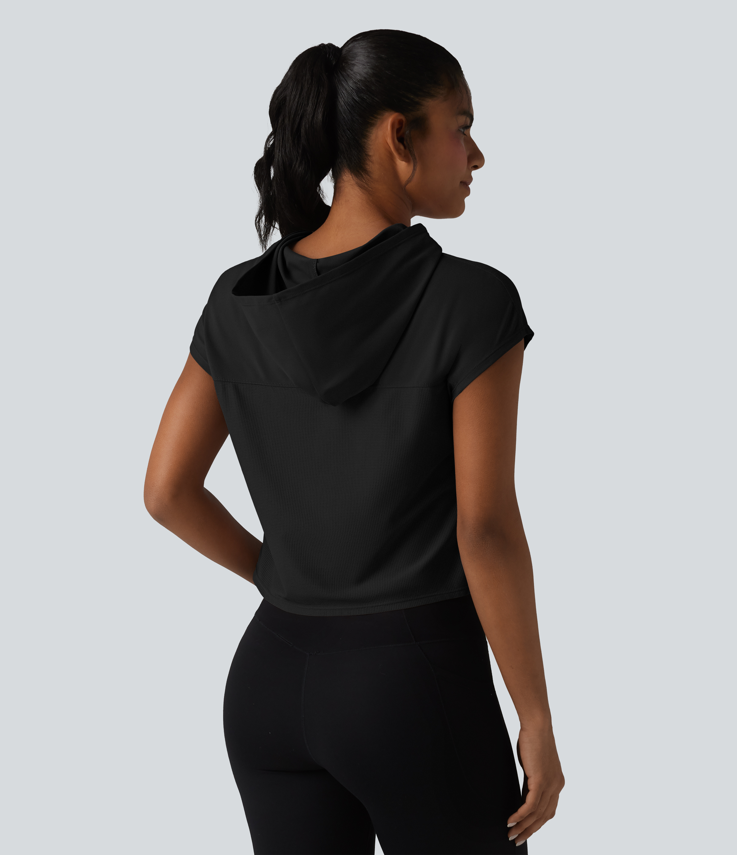 Halara Hooded Cap Sleeve Cropped Breathable Mesh InstantCool Quick Dry Running Sports Top-UPF50+ - Black