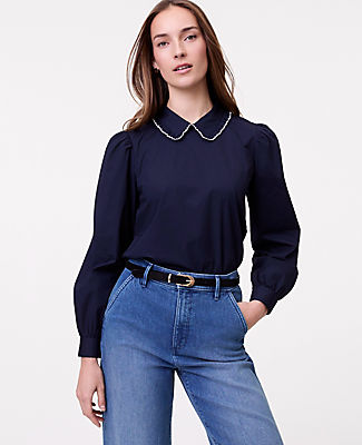 Ann Taylor Weekend Scalloped Trim Blouse