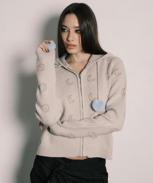 MOON KNITTED ZIP-UP HOODIE IVORY