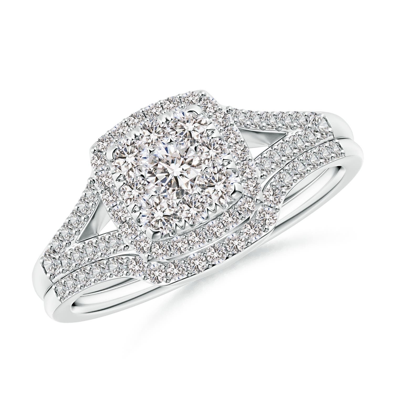 Angara 0.67 Carat Cushion Composite Diamond Halo Split Shank Bridal Set in Platinum