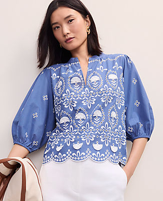 Ann Taylor Embroidered Puff Sleeve Blouse