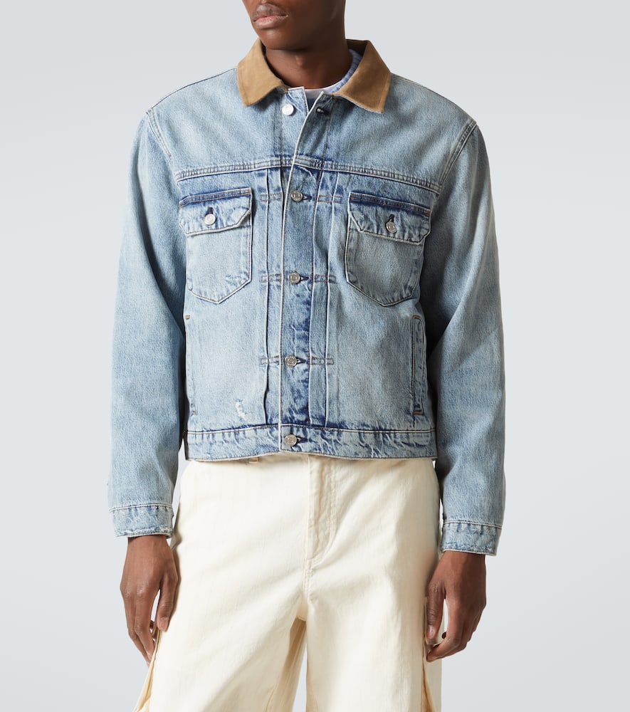 Distressed suede-trimmed denim jacket