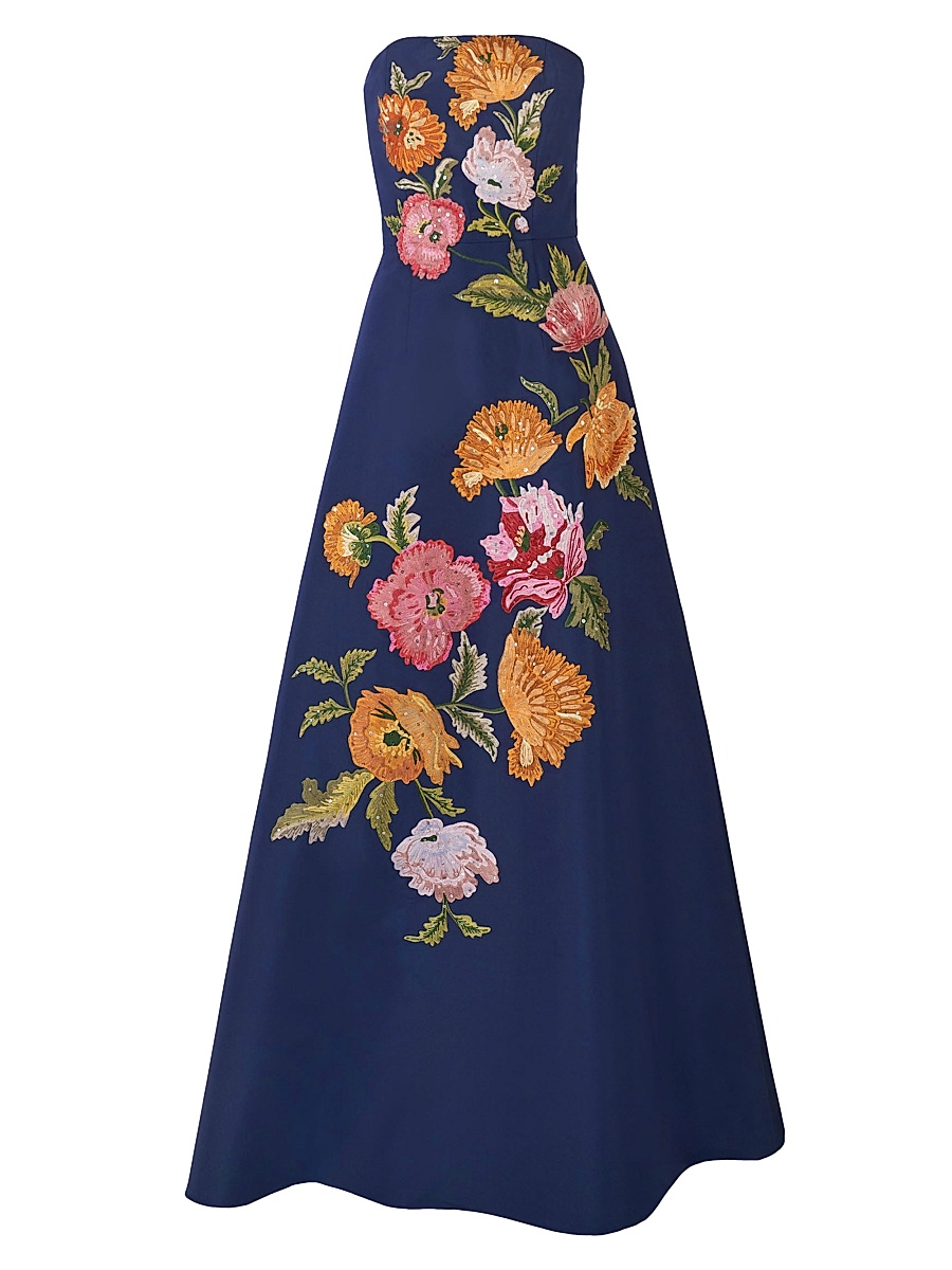 Women's Floral-Embroidered Silk Strapless Gown - Midnight Multi