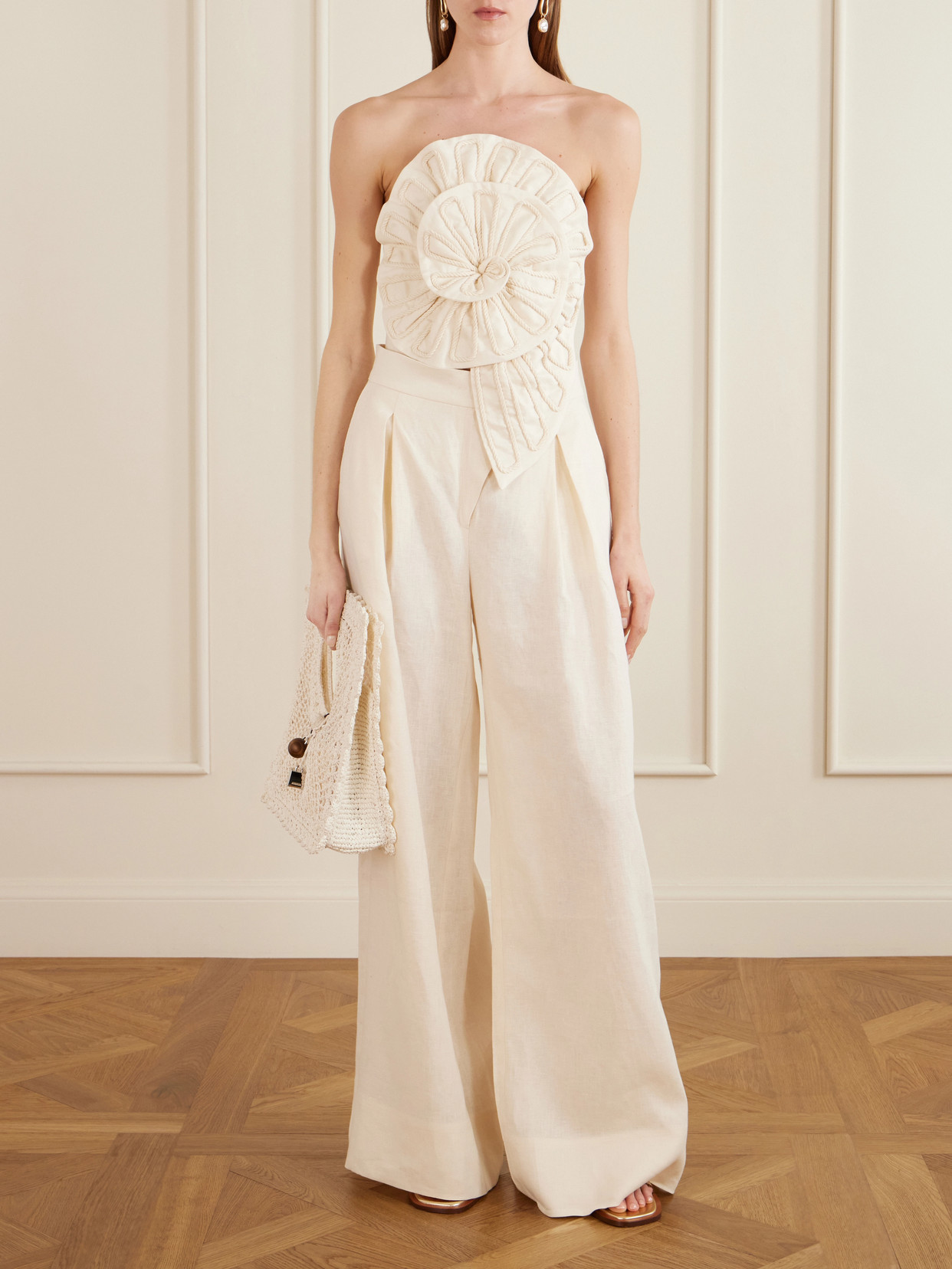 Cosmos Strapless Cropped Embroidered Linen Top - Ivory