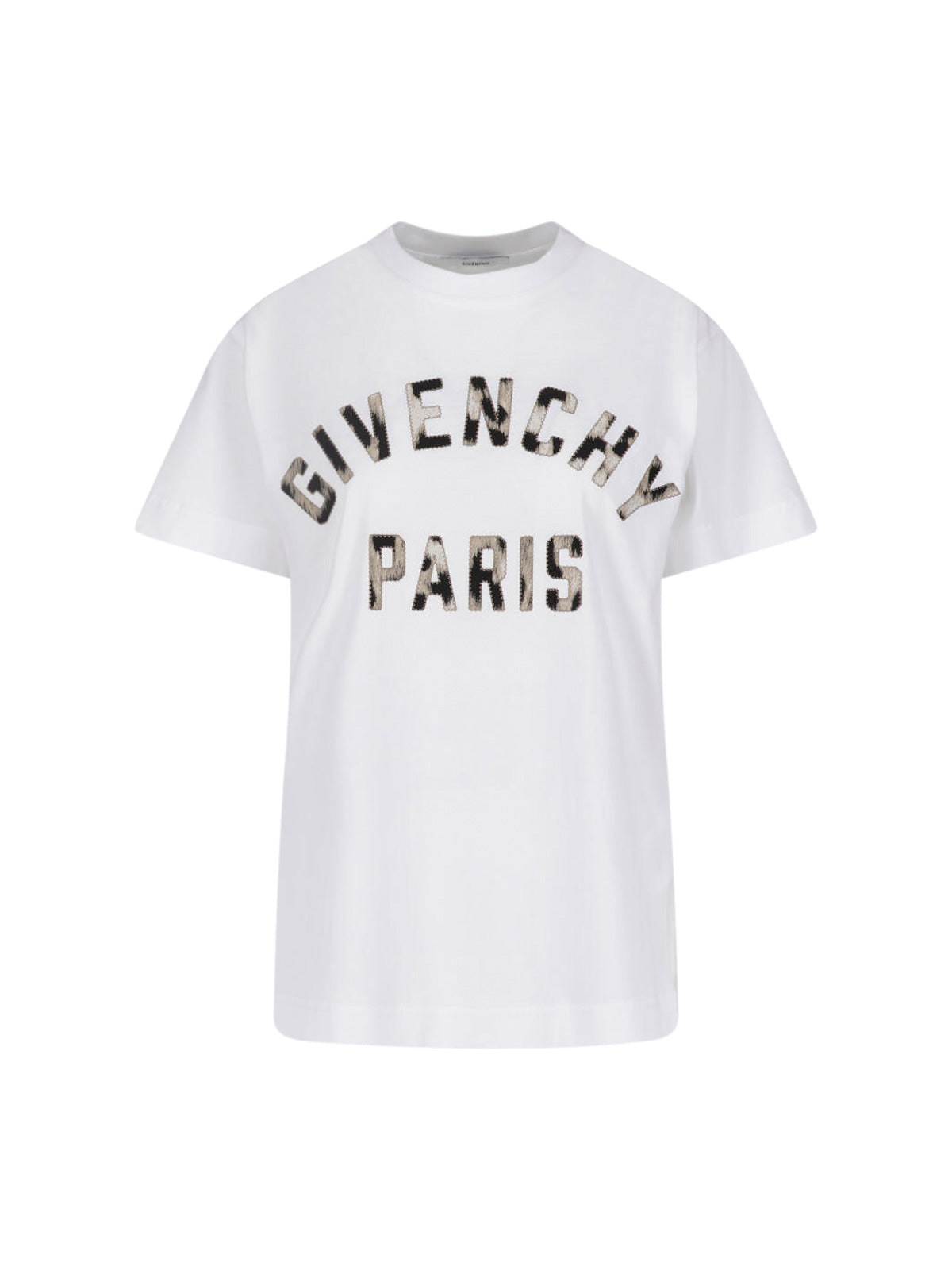 Paris Logo Boxy Crew-Neck T-Shirt with Leopard-Print Patch