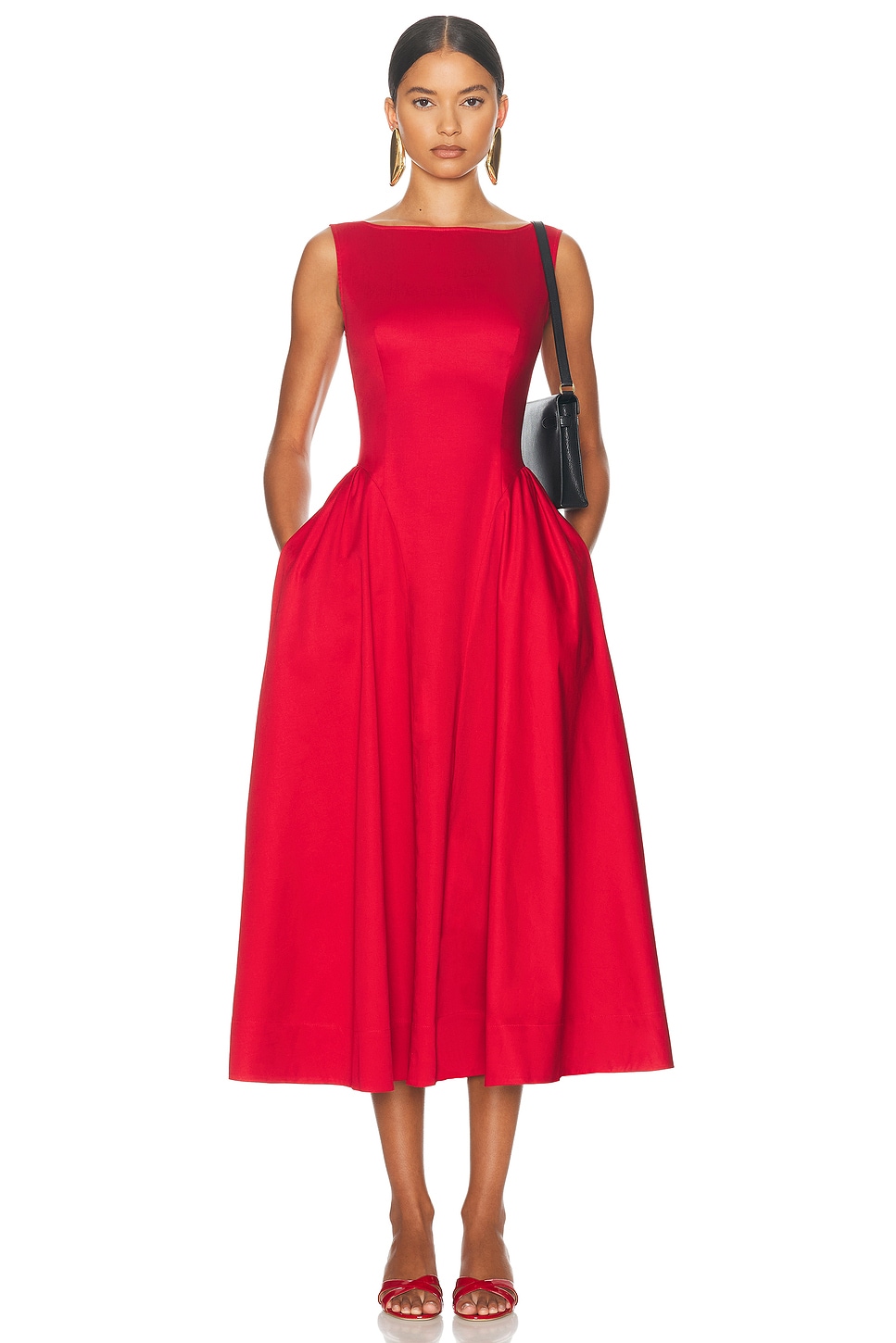 Helsa Stretch Cotton Sateen Midi Dress in Red - Red. XS also in