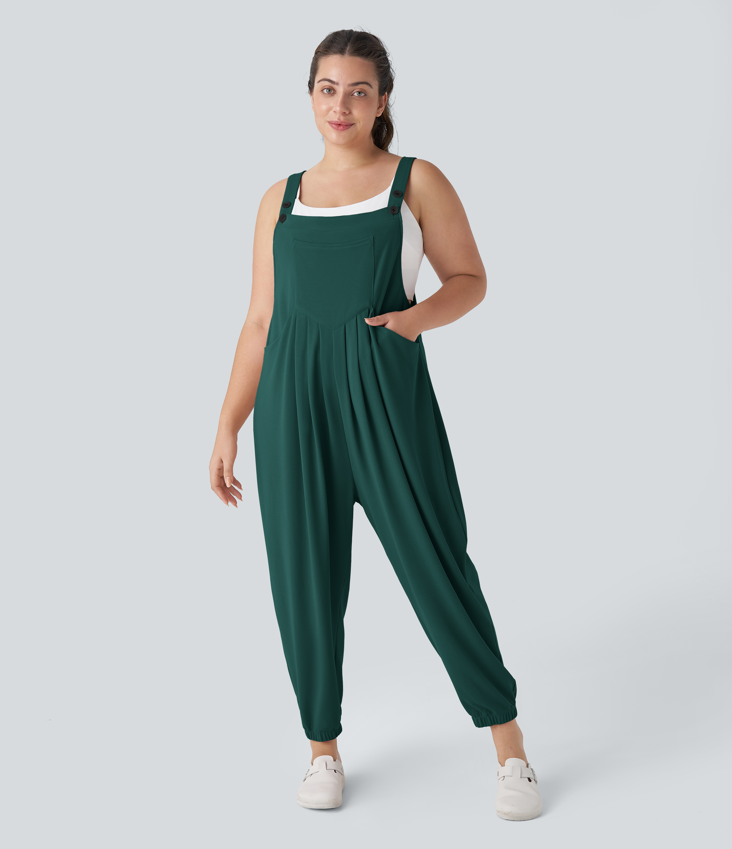 Pockets Waffle Casual Plus Size Jogger Overalls  - Forest Biome