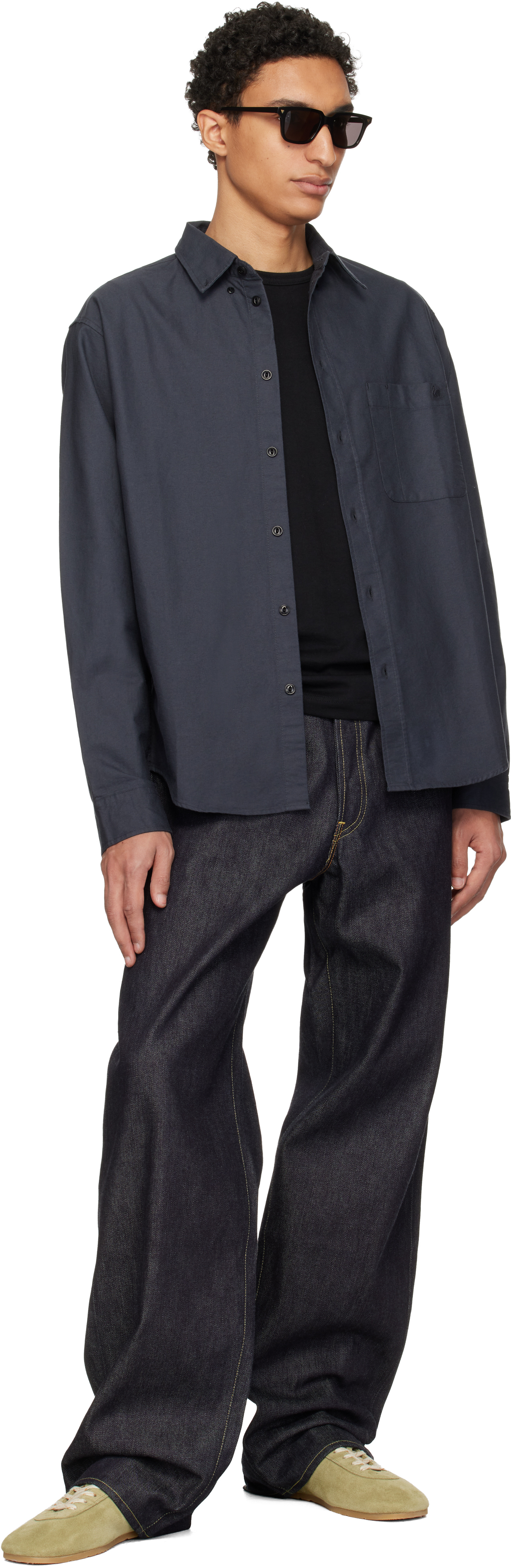 Gray Button-Down Cotton Oxford Long Sleeve Shirt