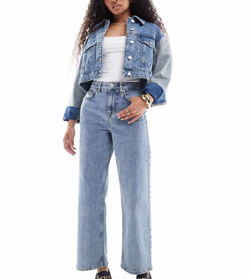 Miss Selfridge Petite straight leg jean in mid wash-Blue
