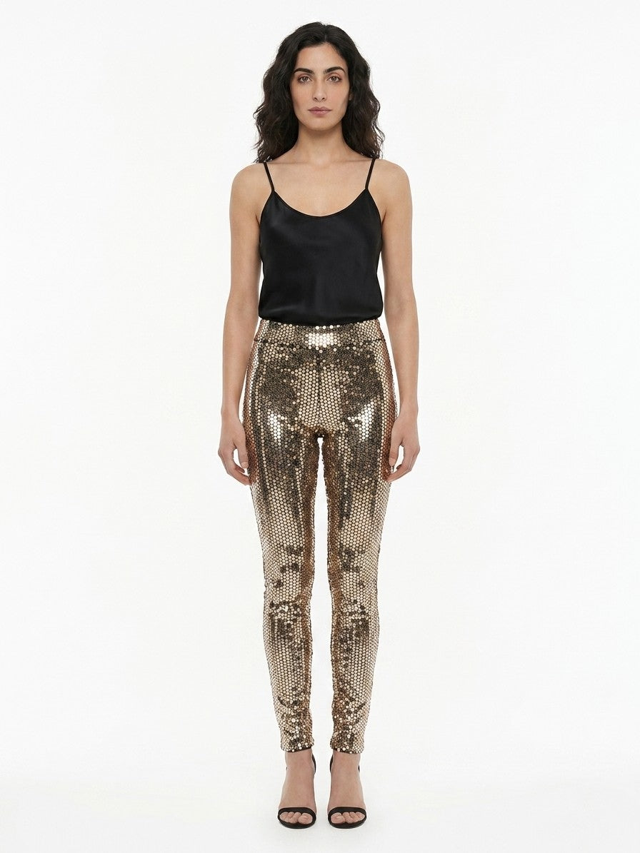 Sequin-Embellished Leggings — Gold