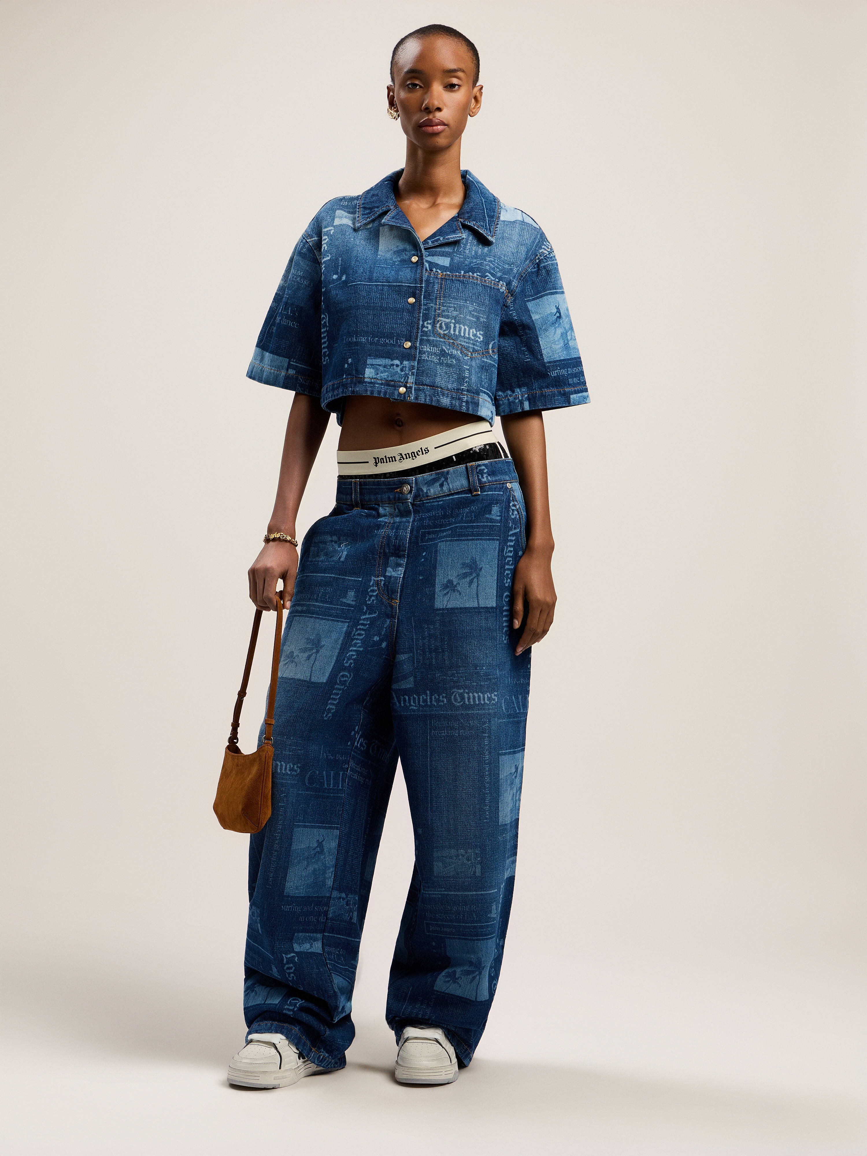 Newspaper Print Denim Shirt Woman  Medium Blue