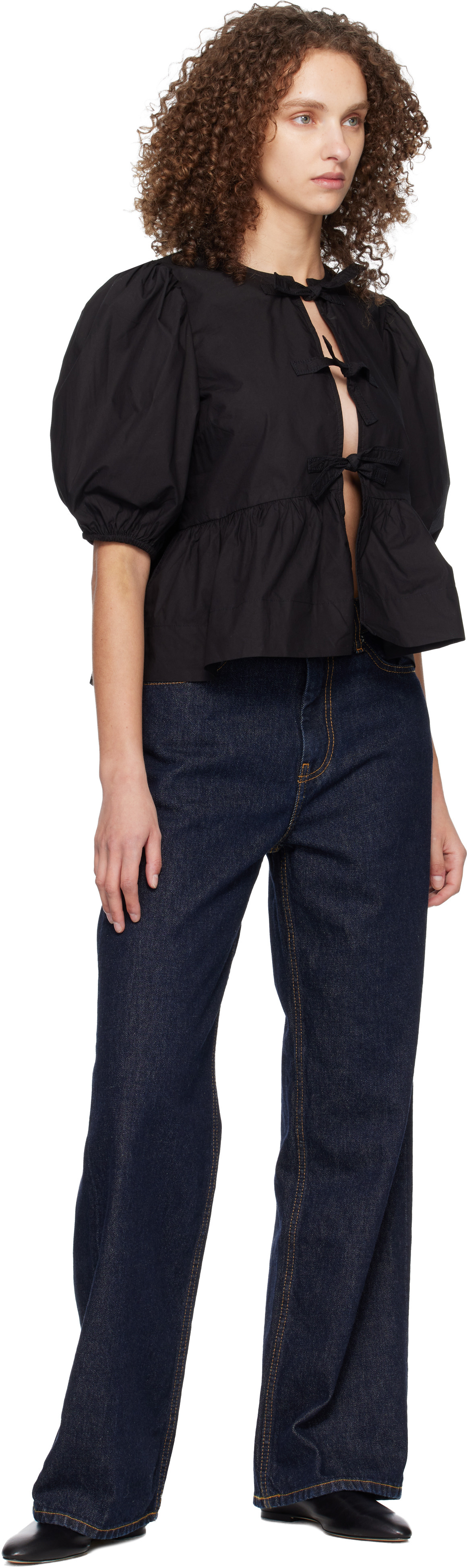Black Cotton Poplin Peplum Tie Blouse