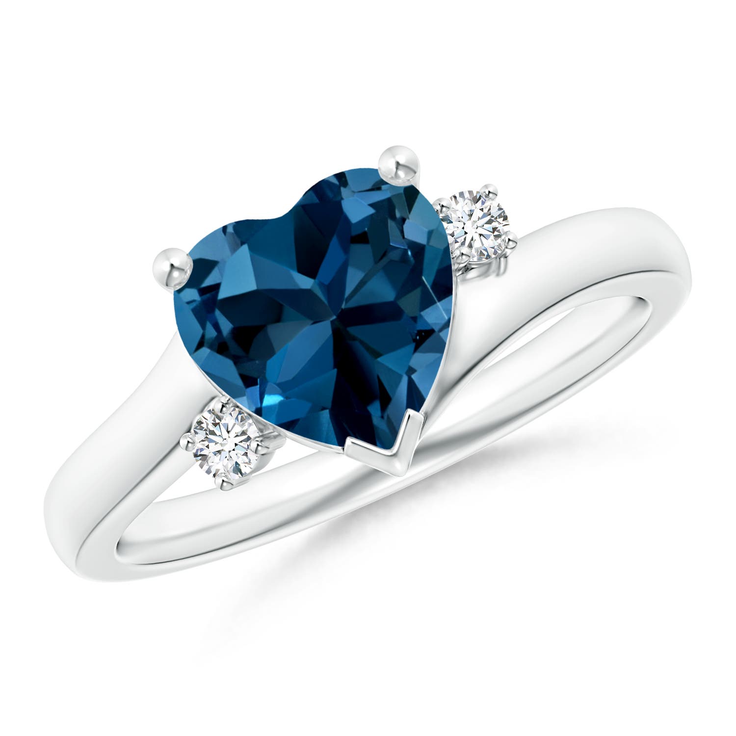 Angara 2.1 Carats Solitaire Heart London Blue Topaz Bypass Ring with Diamonds in Silver