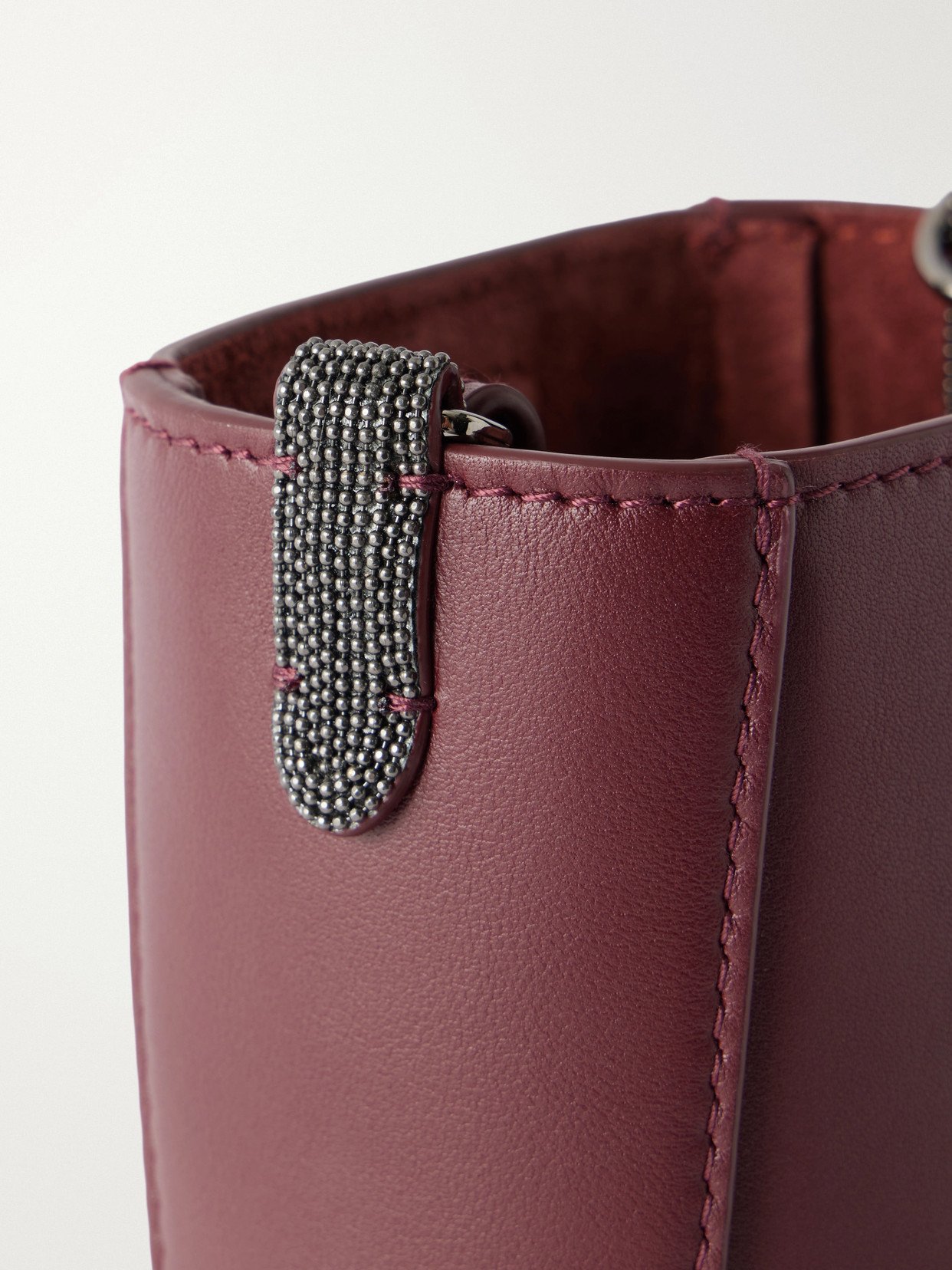 Bead-embellished Leather Pouch - Burgundy