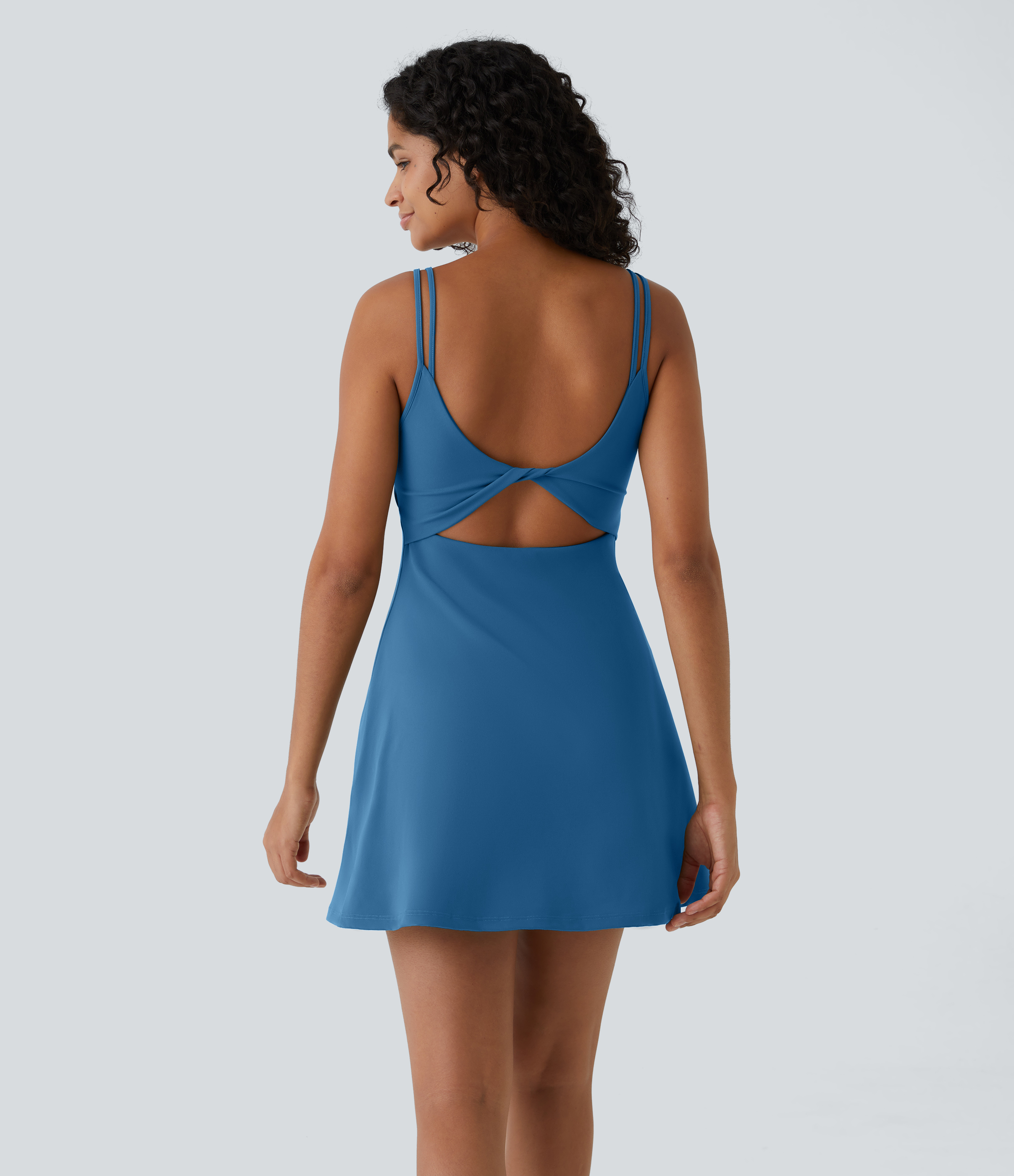 SoftlyZero™ Plush Double Straps 2-Piece Pocket Slip Dance Active Dress A-C Cups Workout Dress - Gloomy Blue