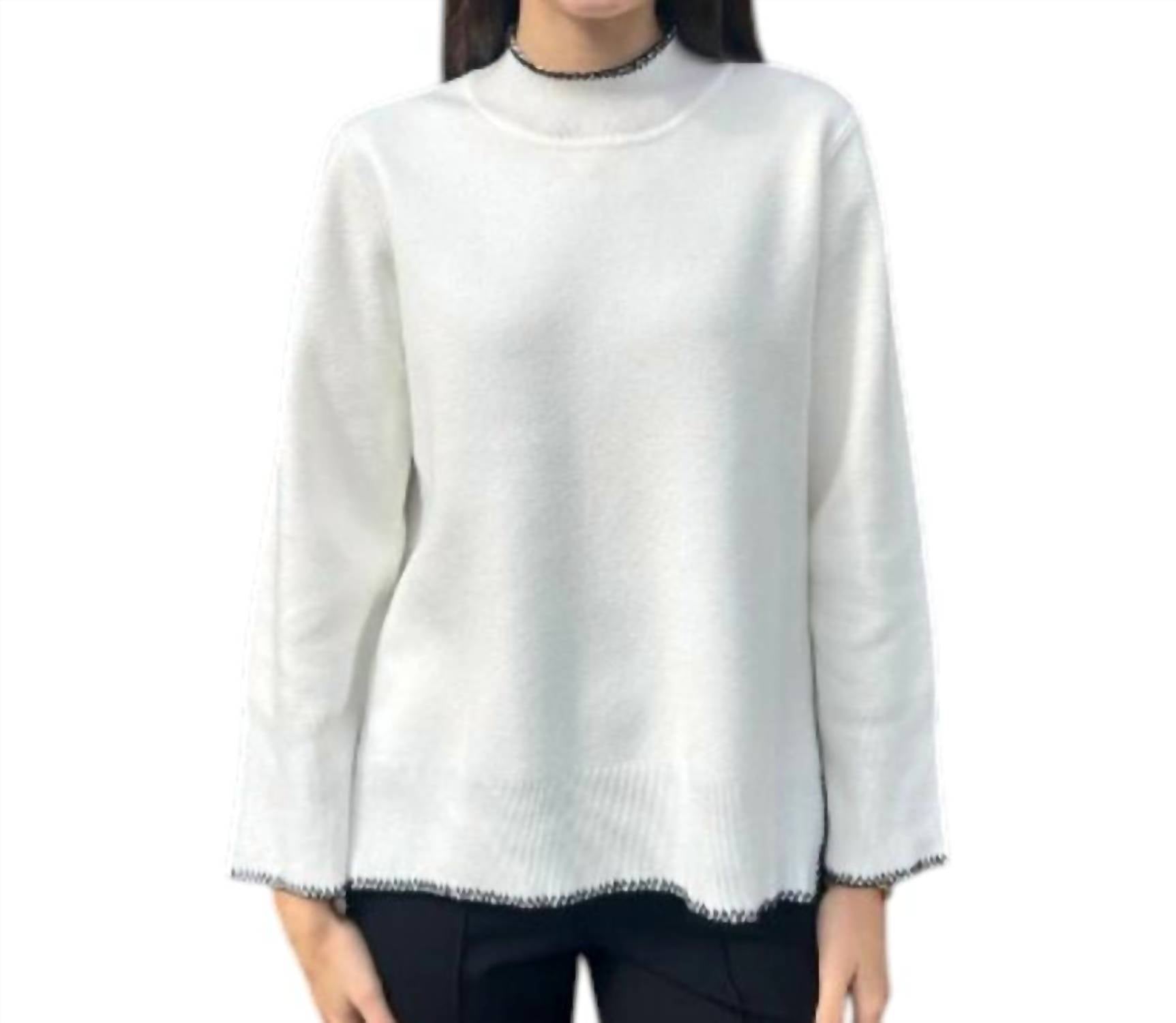 High-Low Mock Neck Sweater With Stitched Trim In Snow And Black