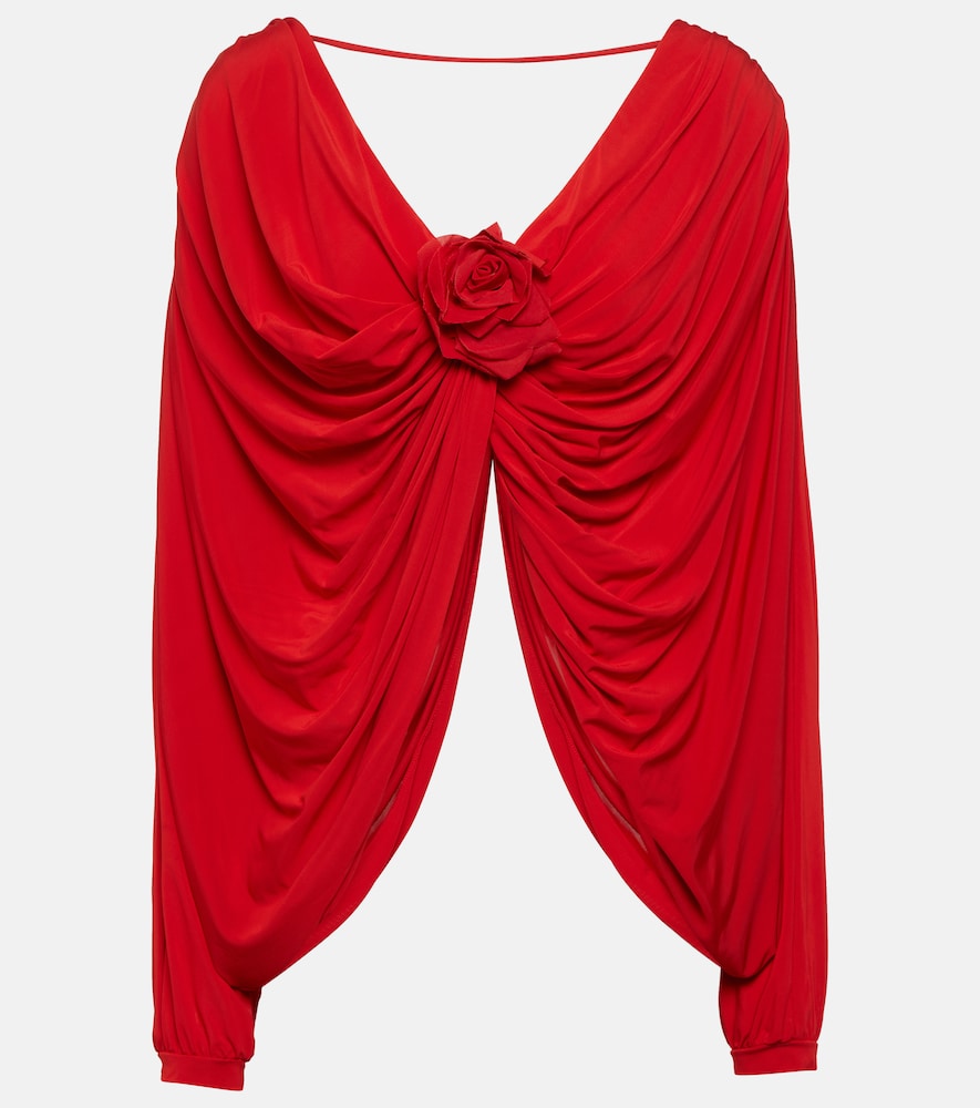 Floral-appliqué draped jersey top