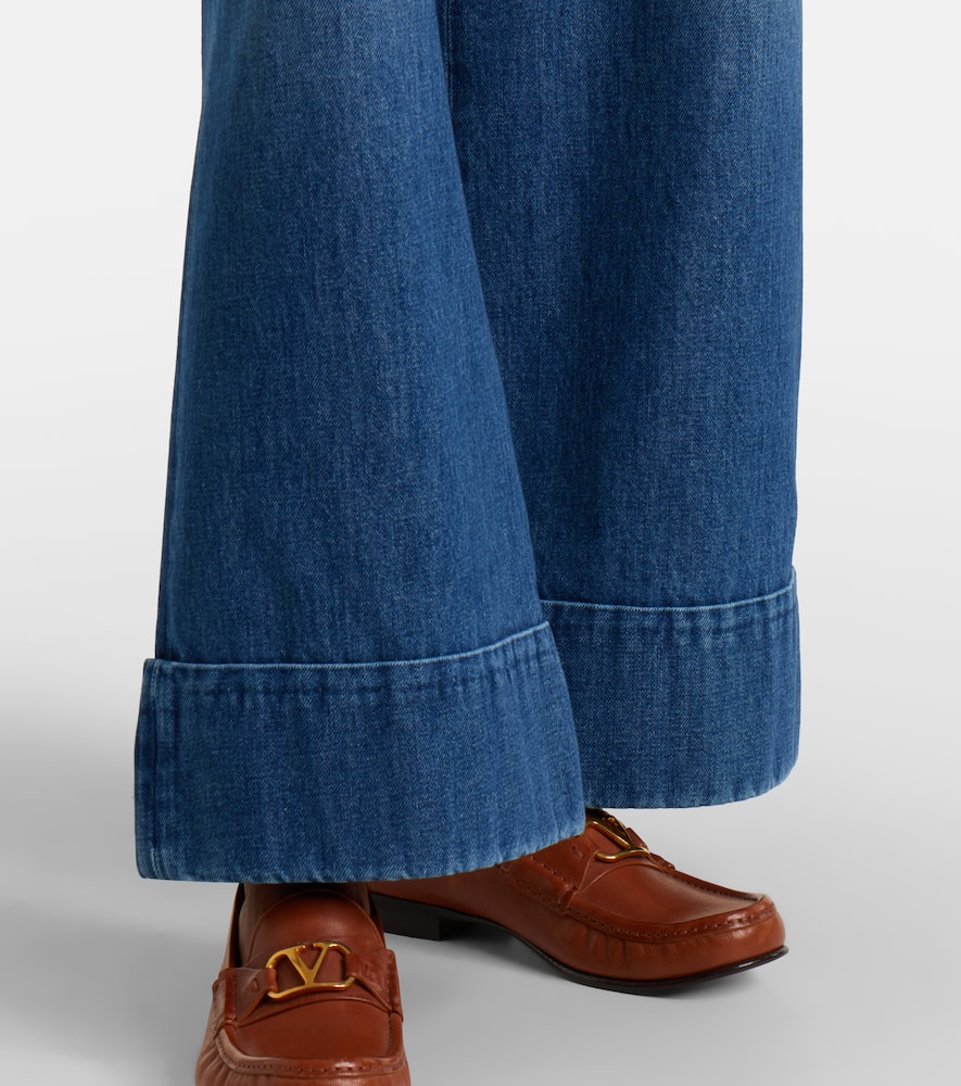 Leather-trimmed wide-leg jeans
