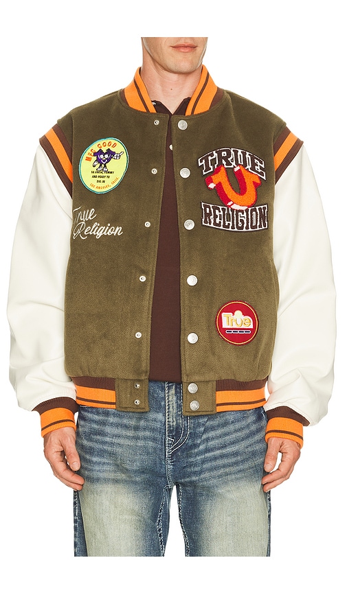 True Religion Garden Logo Retro Varsity Jacket in Olive. - M also in S, L, XL/1X