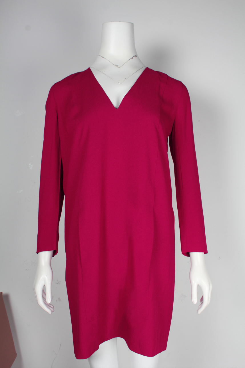 Vanessa Bruno Long Sleeve V-Neck Dress in Magenta Acetate