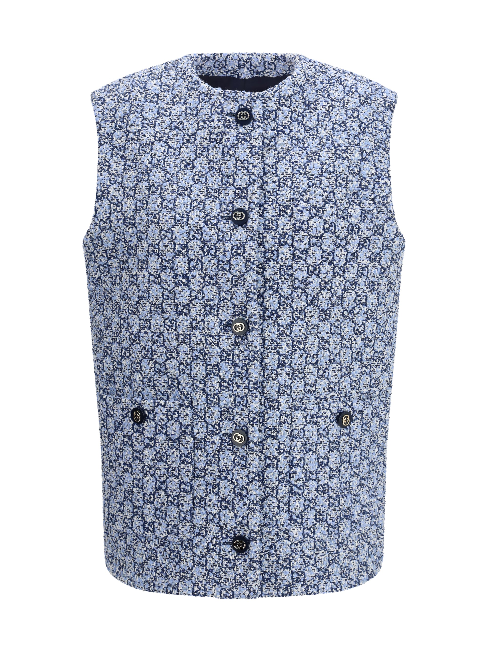 Logo-Embroidered GG Tweed Vest — Blue