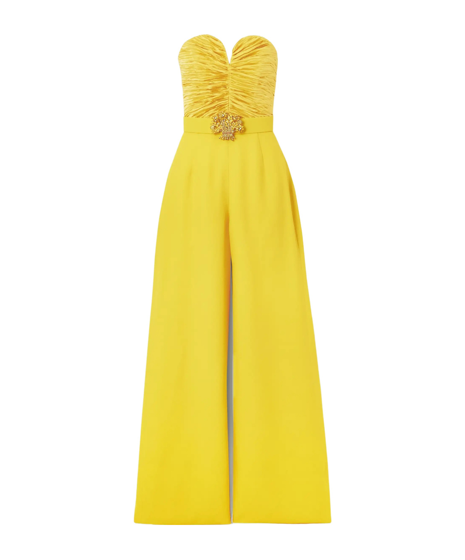 Strapless embellished ruched plissé-satin and crepe jumpsuit