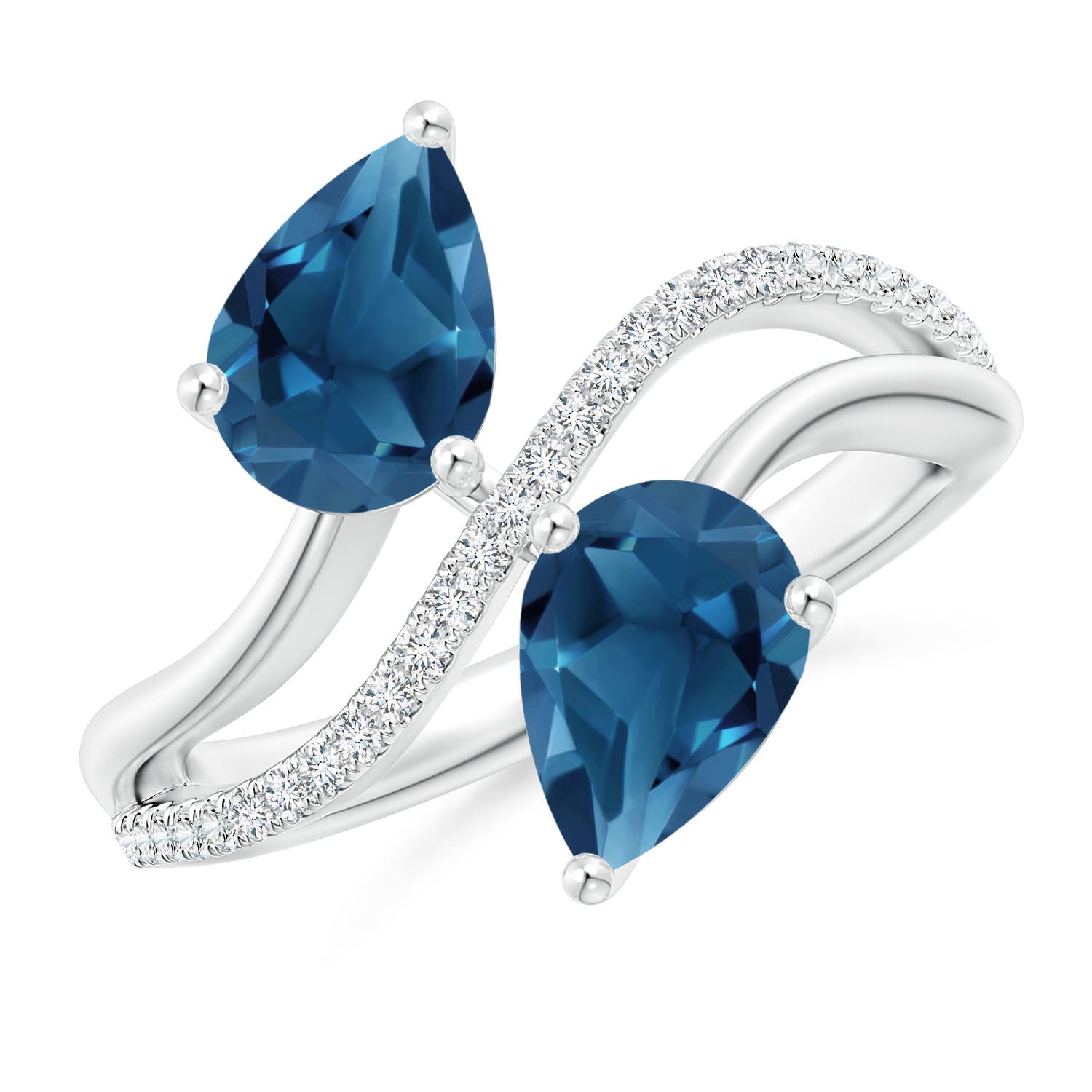 Angara 3.8 Carats Pear-Shaped London Blue Topaz Two-Stone Bypass Ring in Platinum