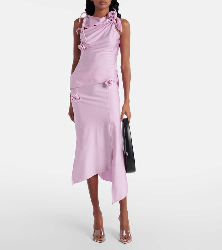 Floral-appliqué satin midi skirt
