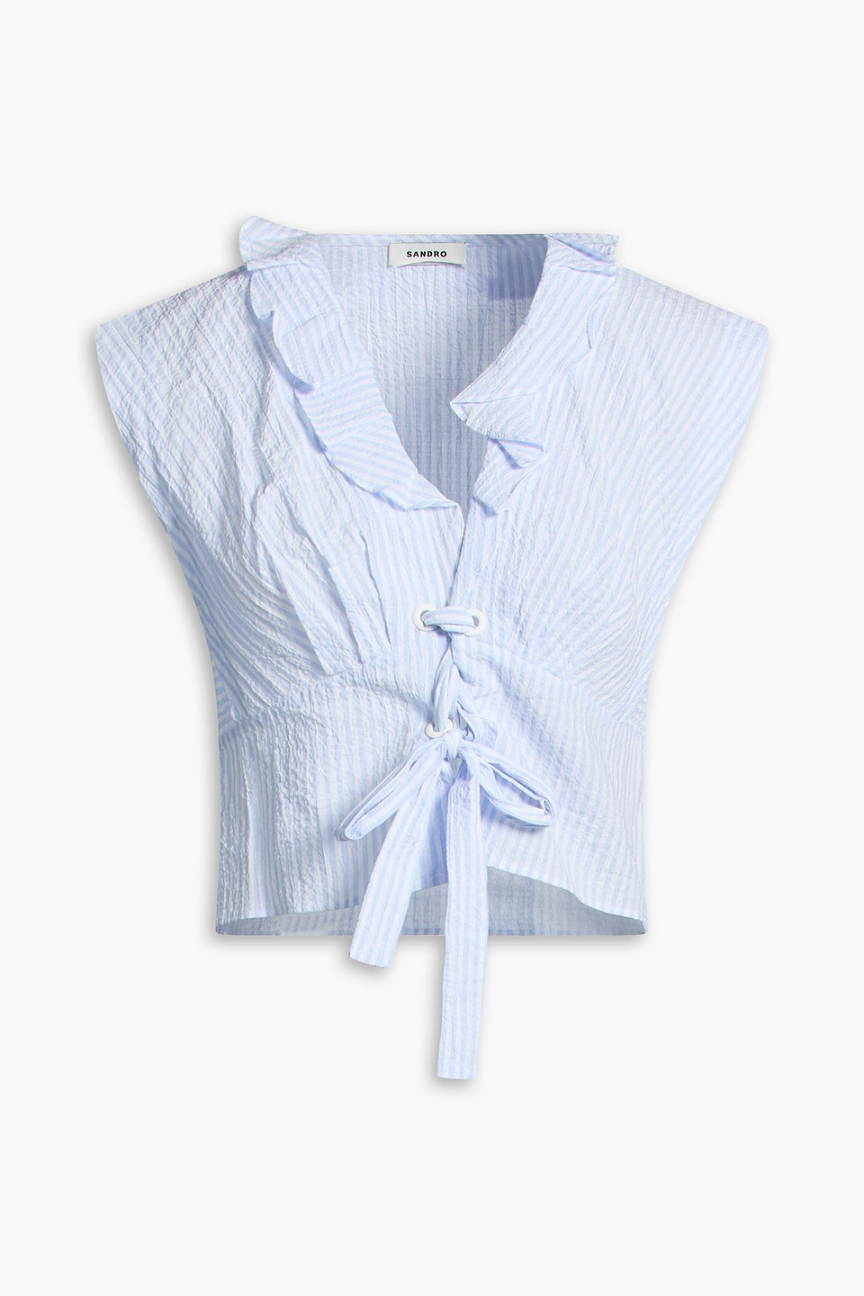 Cropped ruffled striped cotton-blend seersucker top - Blue - 3
