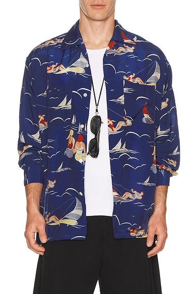 Beams Plus Open Collar Cupro Print in Blue - Blue. S also in