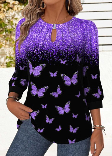 Modlily Purple Tummy Coverage Animal Print 3/4 Sleeve Blouse