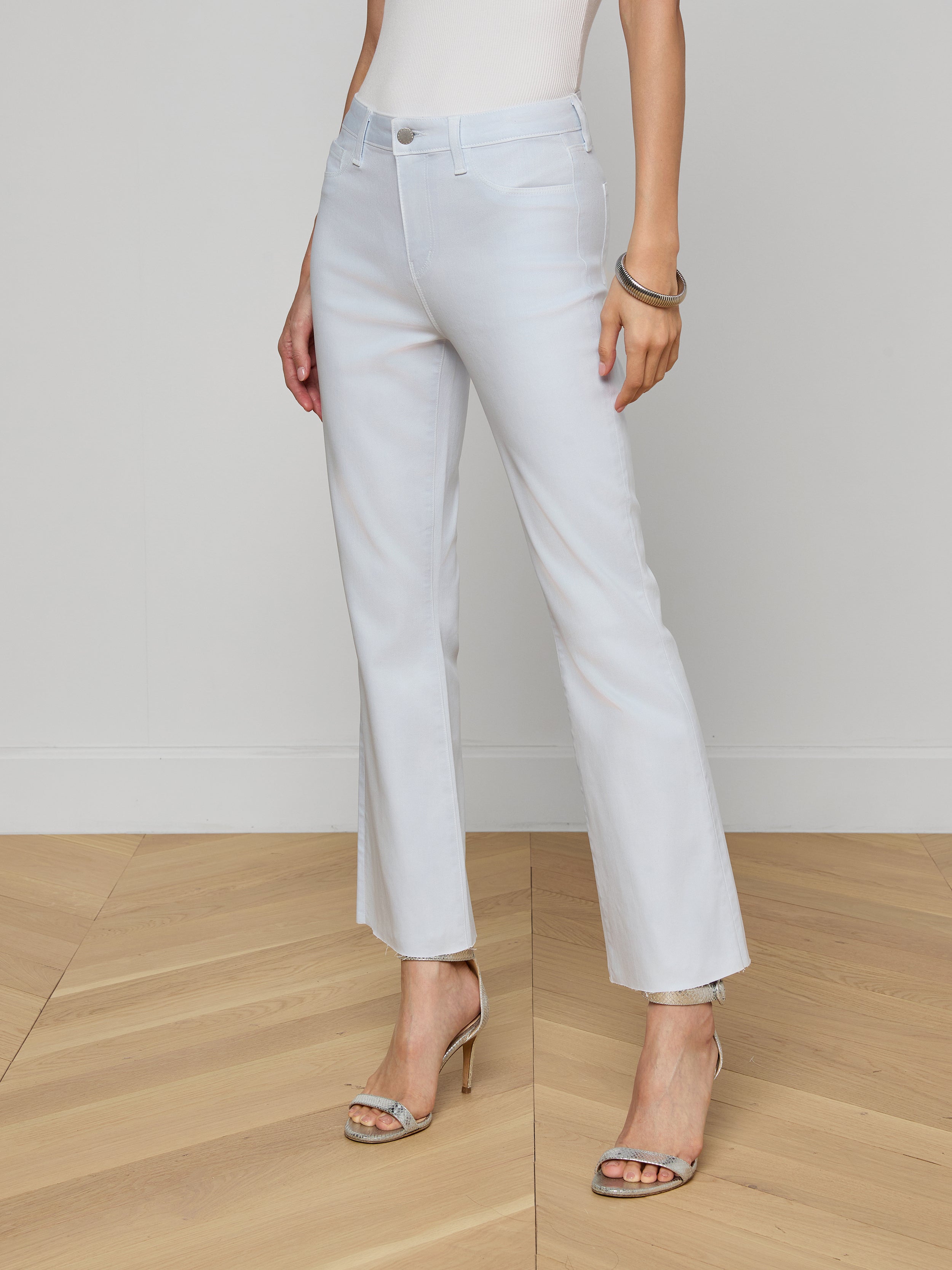 Kendra Coated Cropped Flare Jean In Pale Mist Blue Coated