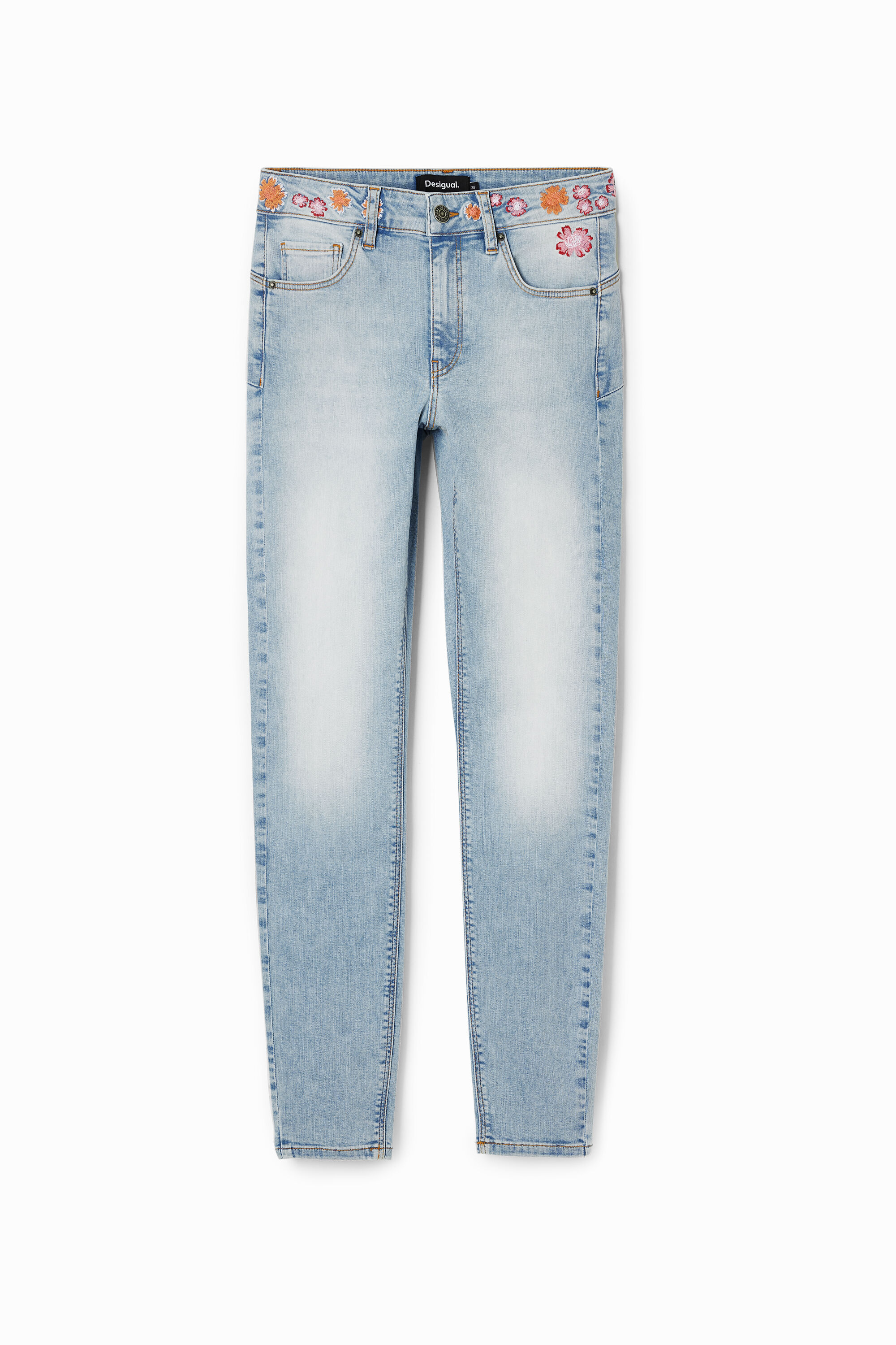 Long denim pants with flowers on the waist