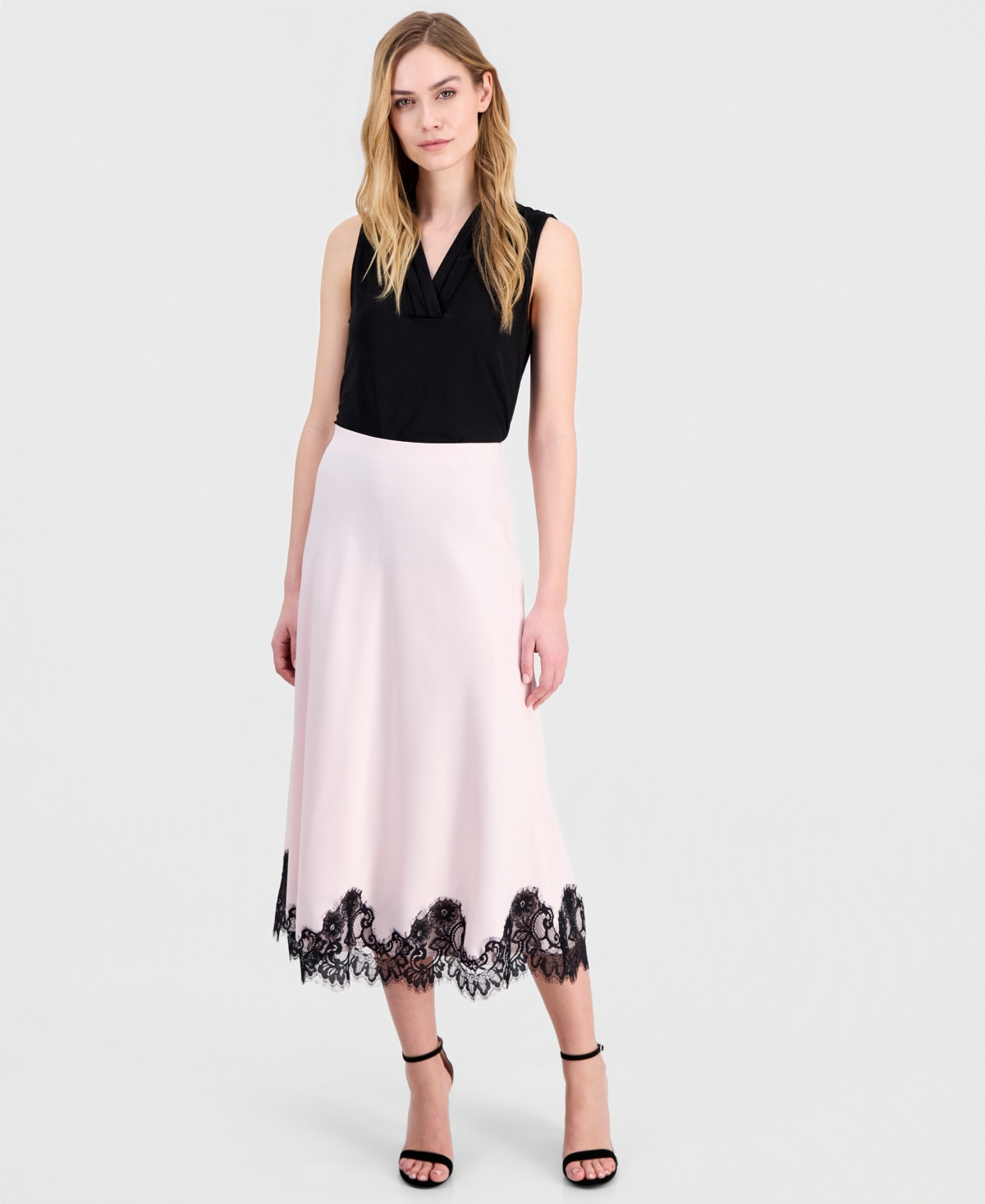 Women's Lace-Trim Midi Satin Skirt - Soft Blossom