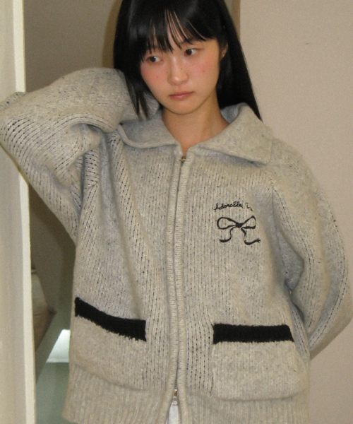 BACK HEART RIBBON COWICHAN KNIT ZIP UP GREY