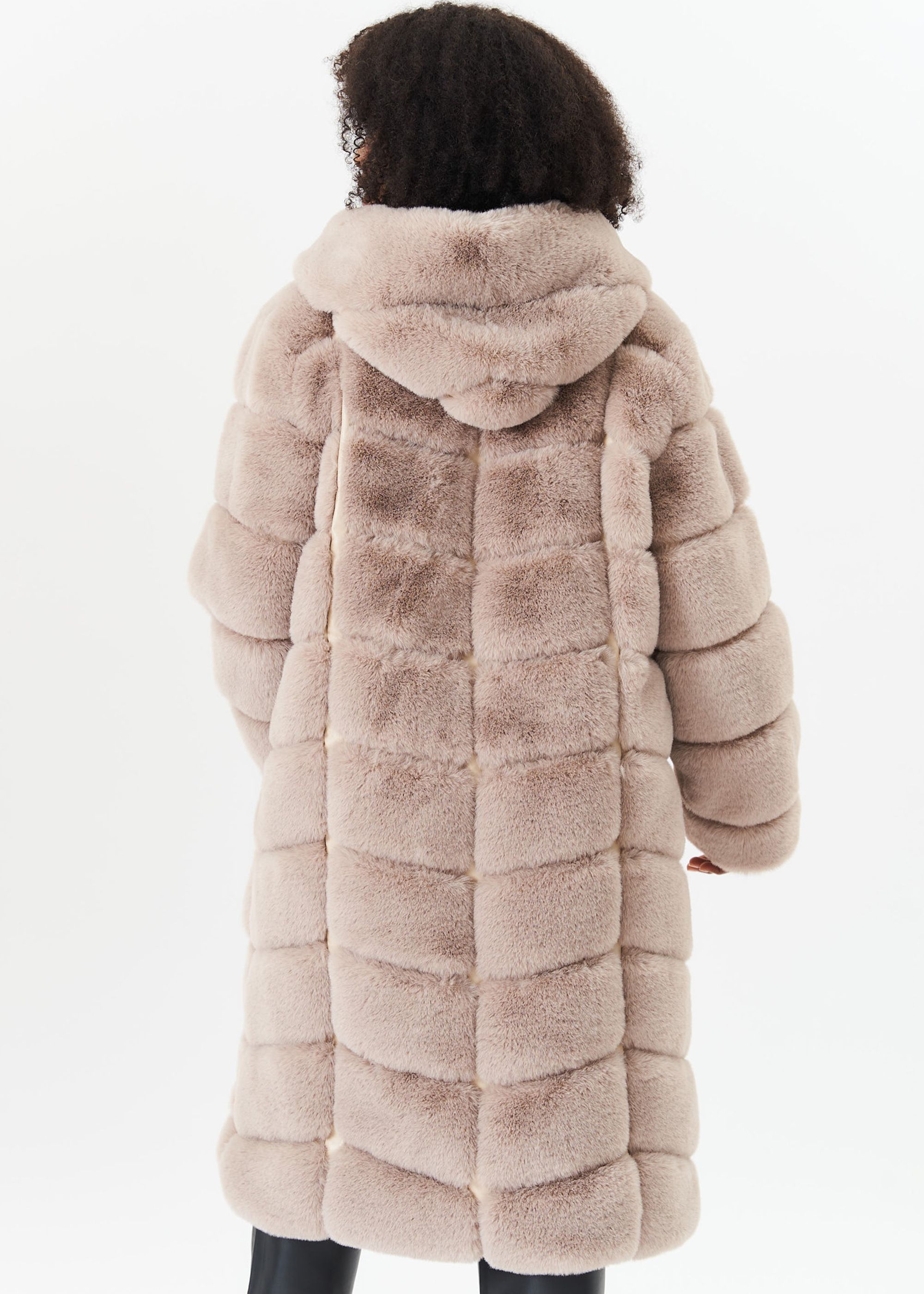 Gini London Stone Panelled Hooded Longline Fur Coat