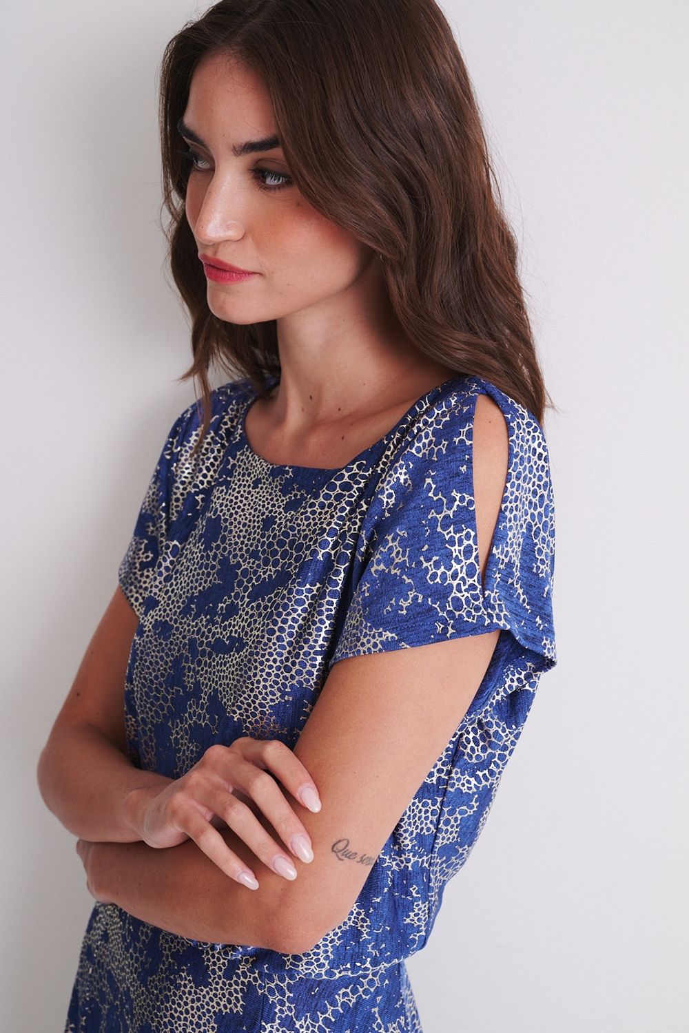 Klass. Foil Printed Midi Dress In Blue