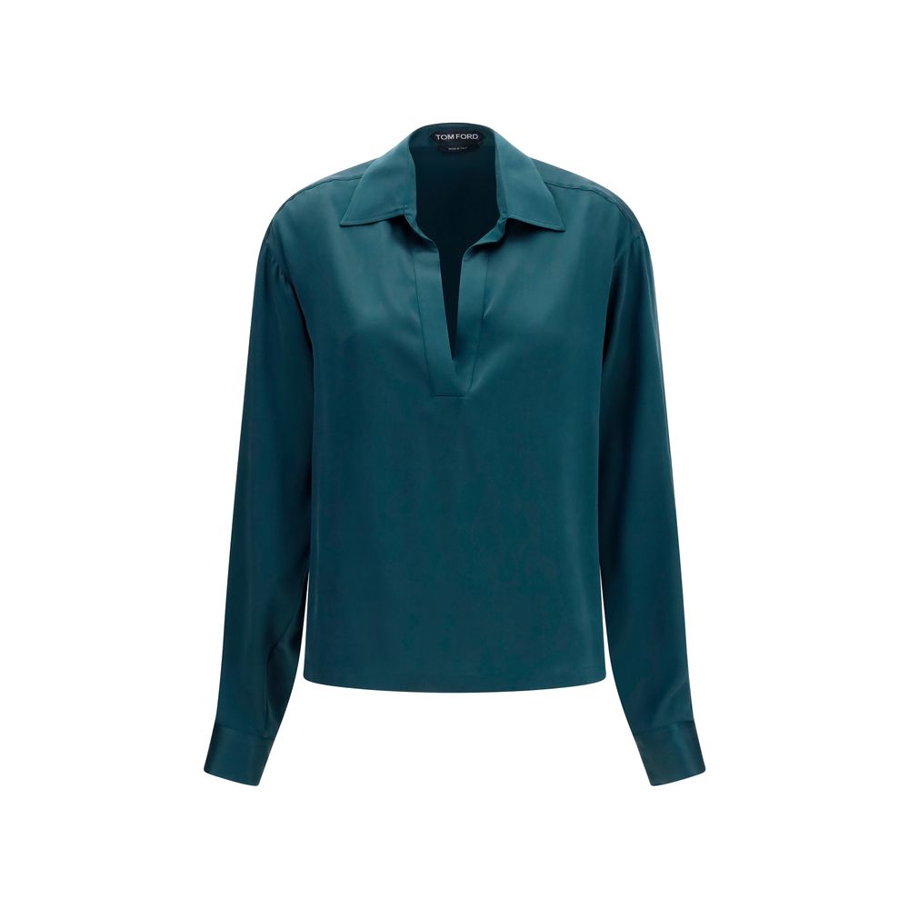 Deep V-Neck Silk Shirt — Blue