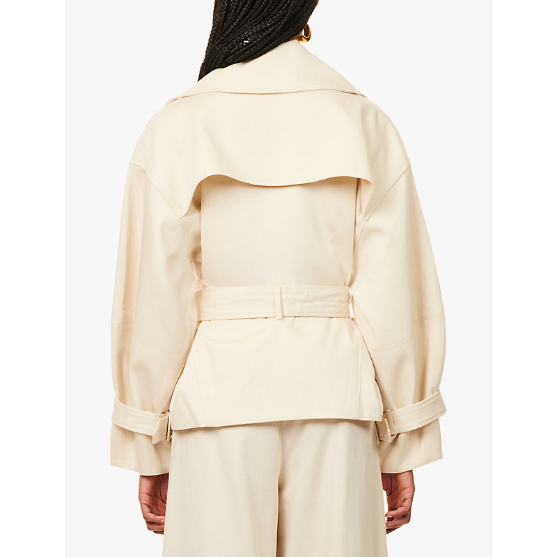 Womens Stone Double-Breasted Removable-Belt Cotton-Blend Trench Jacket