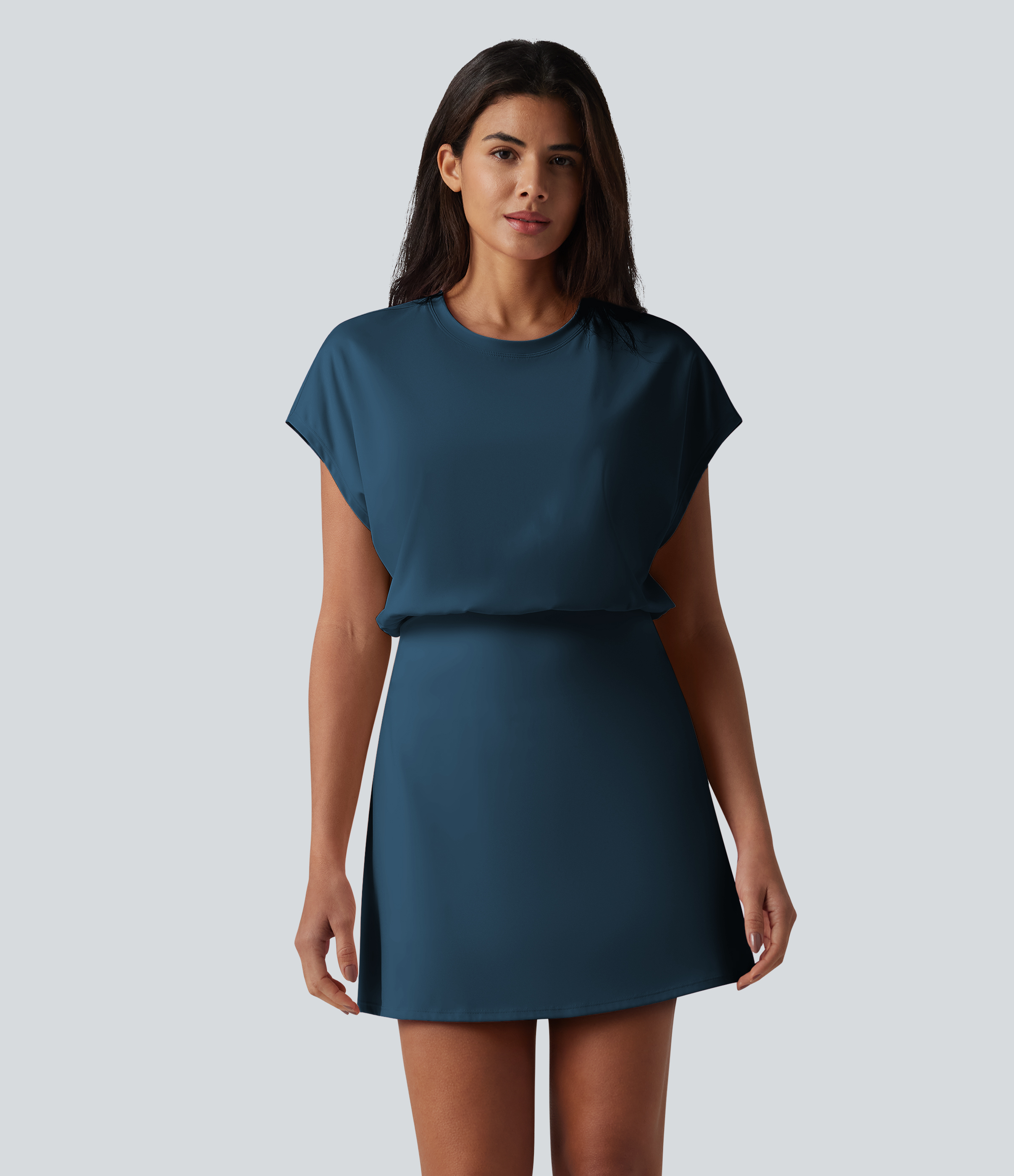 SoftlyZero™ Airy Round Neck Short Sleeve 2-in-1 Cool Touch Mini Yoga Active Dress with Pockets-Easy Peezy Edition Workout Dress - Majolica Blue